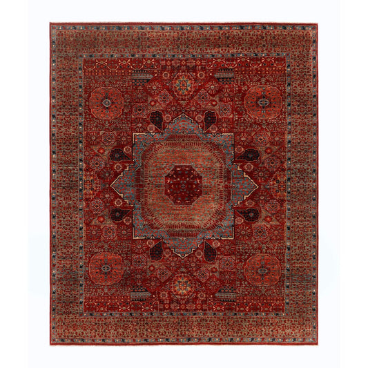 Mamluk rug with red field and geometric medallion, ornate border pattern