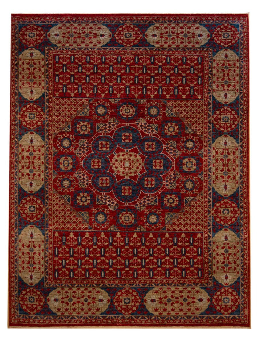 Large red, blue and cream patterned rug with central medallion and border