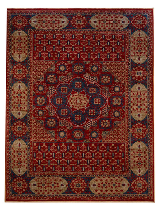Large red, blue and cream patterned rug with central medallion and border