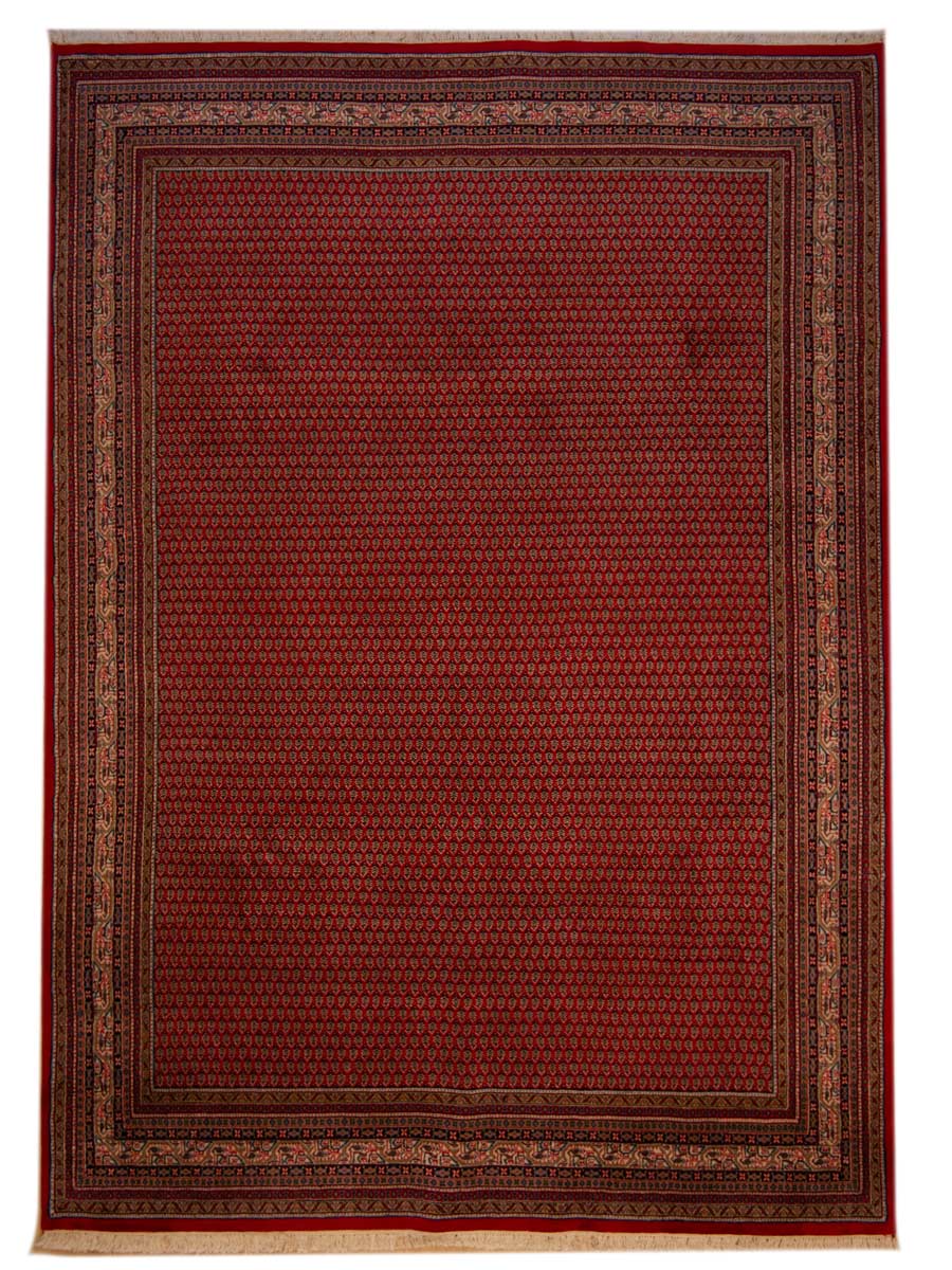 Indo Mir area rug in deep red with ornate border pattern, 334x238 cm