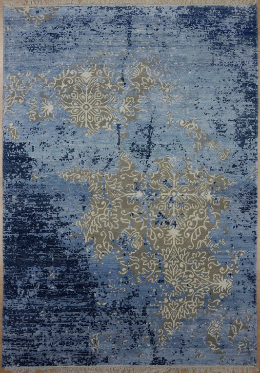 Blue and gold distressed area rug with ornate medallion pattern, 240x165 cm