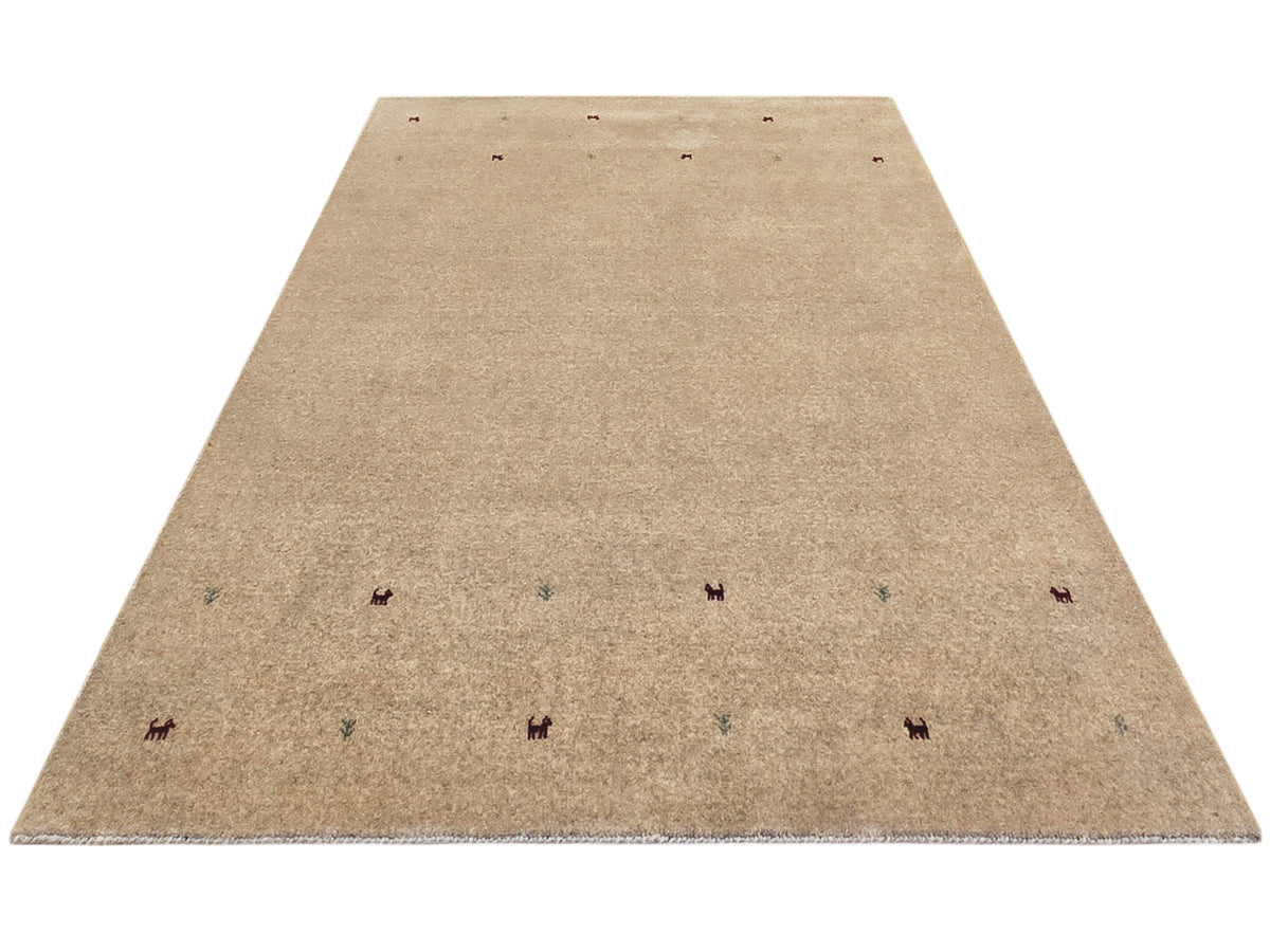 Beige handloom rug with scattered small multicolor motifs, trapezoid view, flatwoven texture