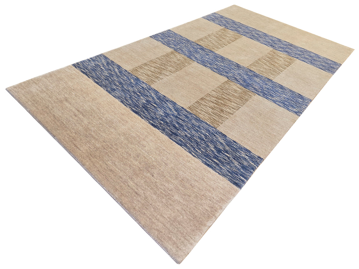 Square-shaped handloom rug with beige background and blue stripe grid pattern