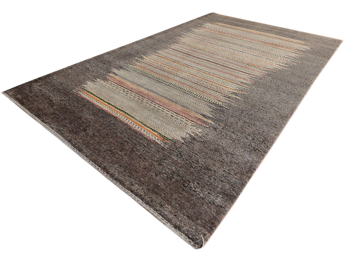 Grey Loribaft rug diagonal view showing horizontal multicolor stripe bands