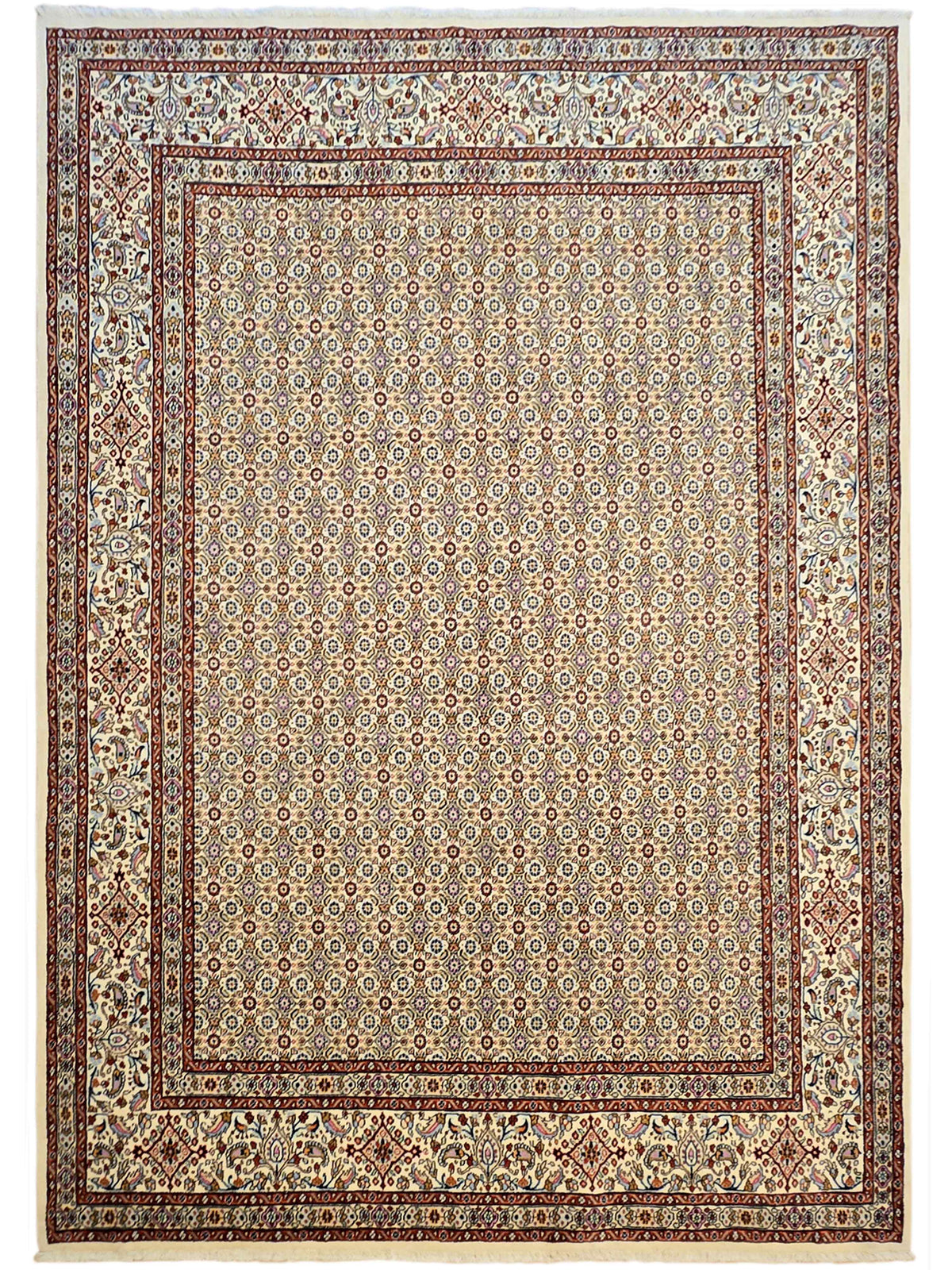 Persian rug with ivory field, geometric medallion border in rust red and navy accents