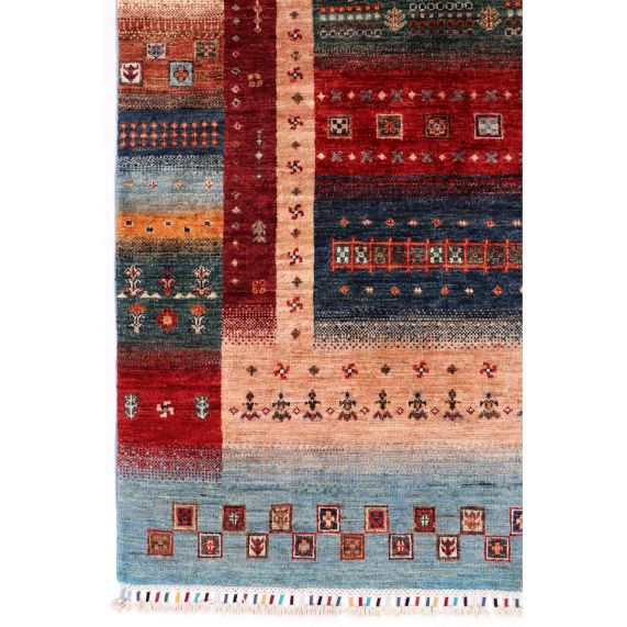 Gabbeh-style rug with multicolor geometric stripes, rectangular center panel, and fringe