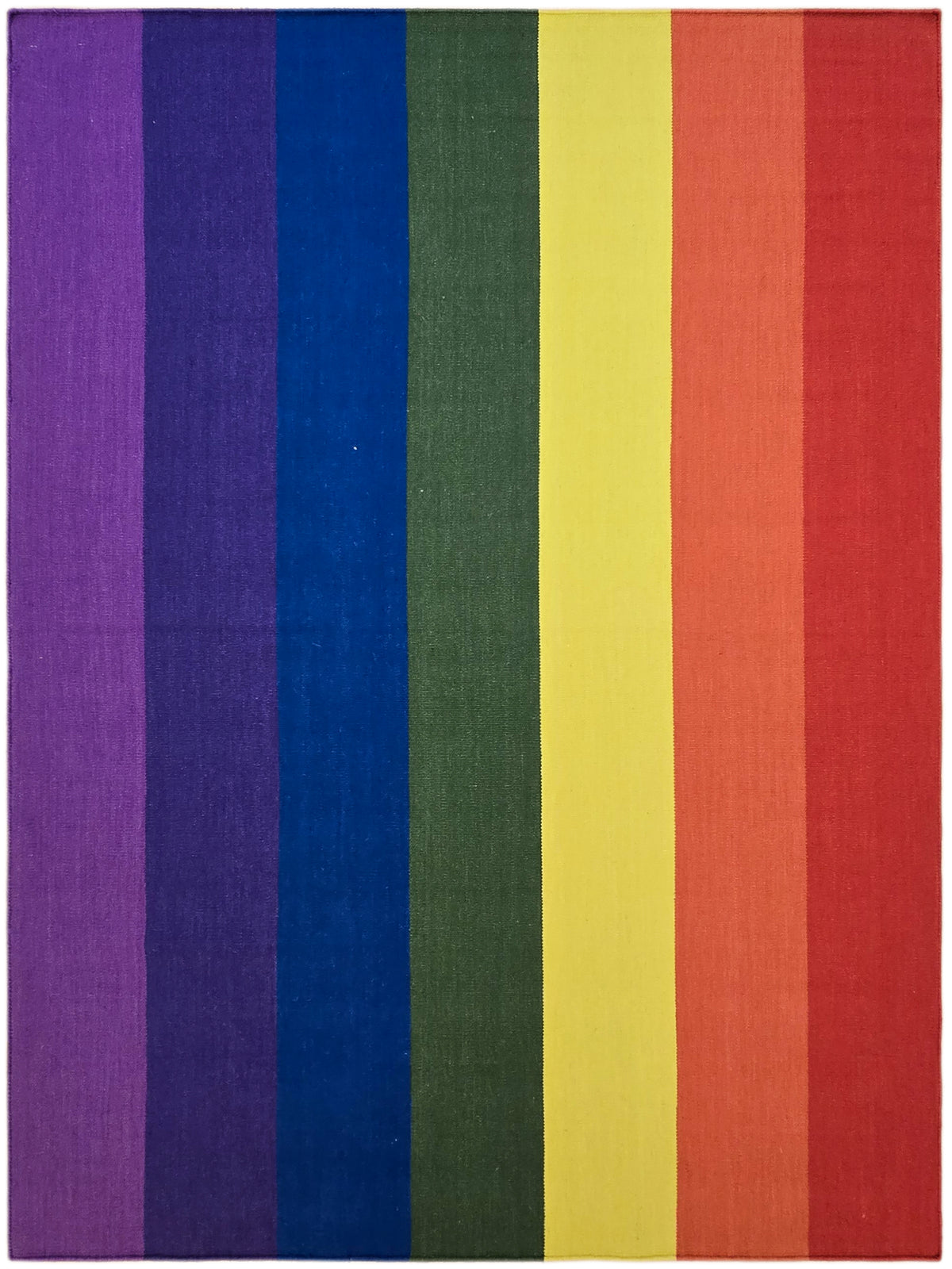 Flat-woven striped rug with vertical bands in purple, blue, green, yellow, and red