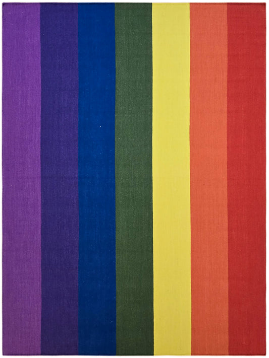 Flat-woven striped rug with vertical bands in purple, blue, green, yellow, and red