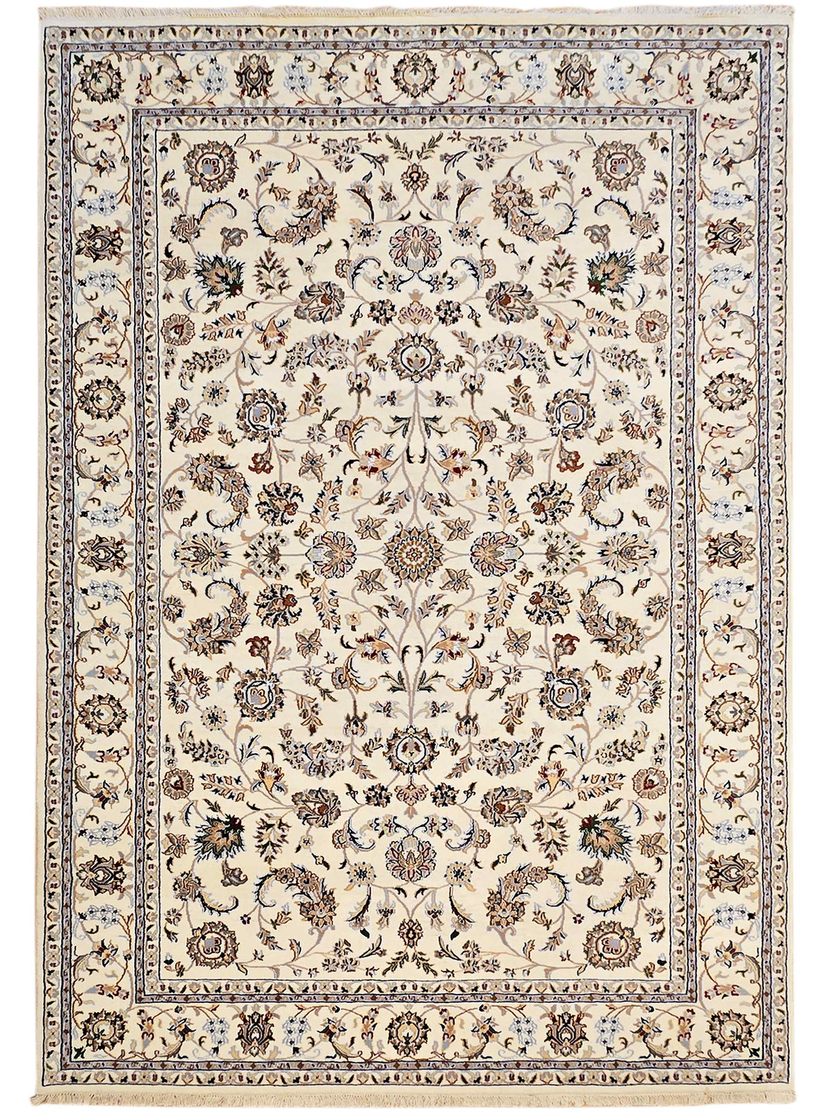 Full view cream rug with symmetrical floral pattern, central medallion, and blue border