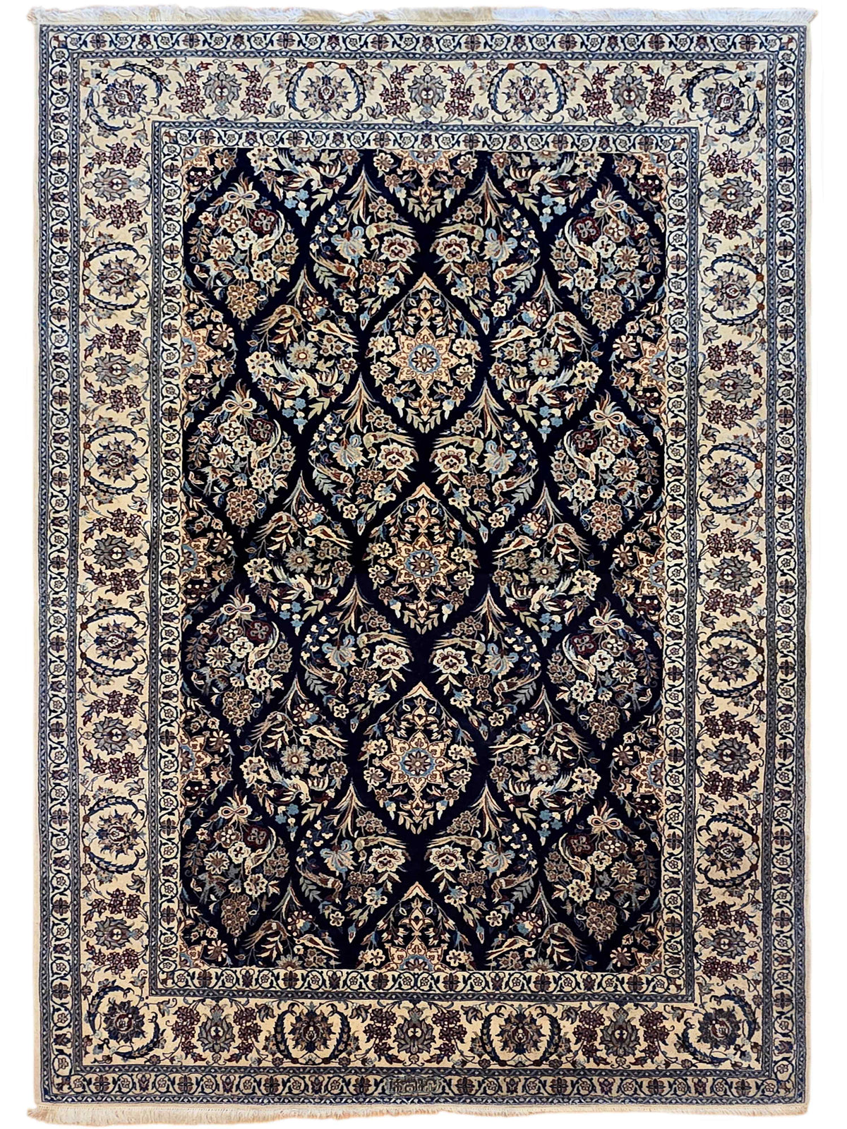 Navy and cream floral area rug with centered medallion and intricate decorative border