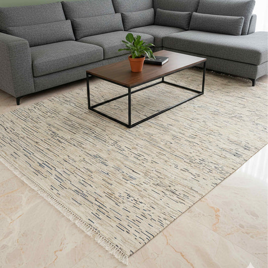 Streepje Ziegler area rug, beige with blue-gray stripe pattern and short fringed edges