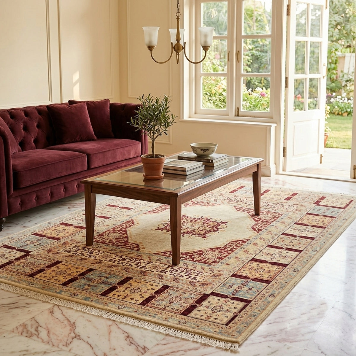 Ariana area rug featuring cream base with red medallion and patterned border, shown in living room.