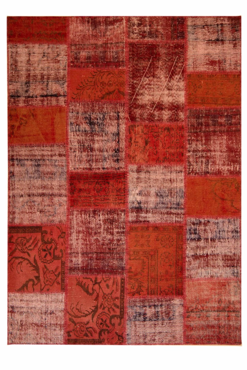 Vintage patchwork area rug in red and beige with distressed square pattern