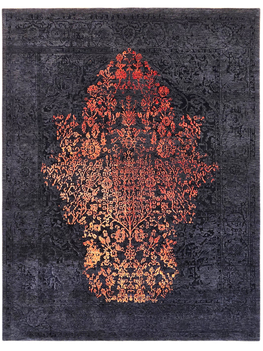 Square dark navy rug with orange-red abstract tree-like center design