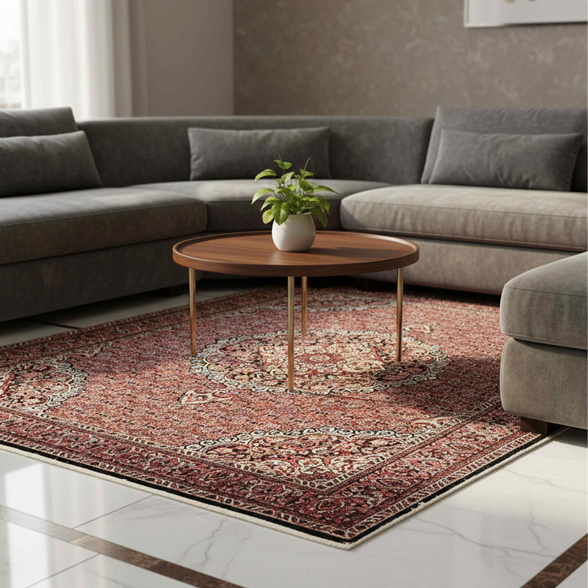 Terracotta and dark red area rug with ornate medallion border, flat weave style