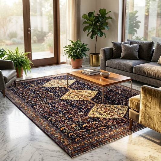 Navy area rug with geometric border and central diamond medallion in cream and gold