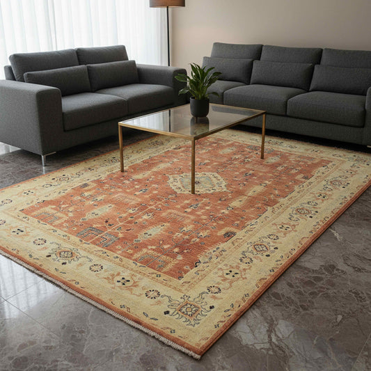 Terracotta patterned area rug under modern gray sofa with glass coffee table