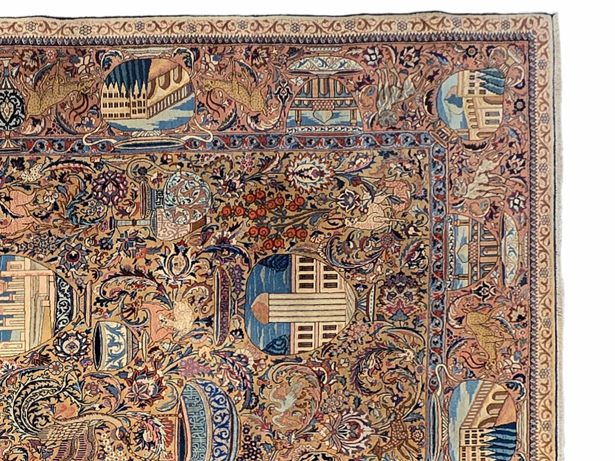 Decorative area rug with ornate multicolor pattern and border details
