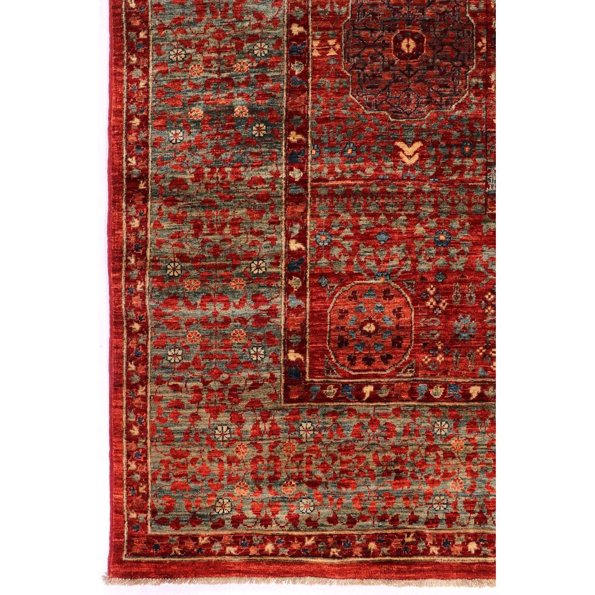 Mamluk rug corner with red, blue, and gold motifs and detailed border pattern