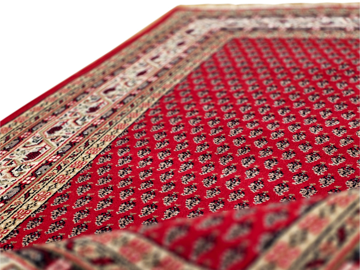 Close-up of red rug texture with cream and dark ornamental border along the edge