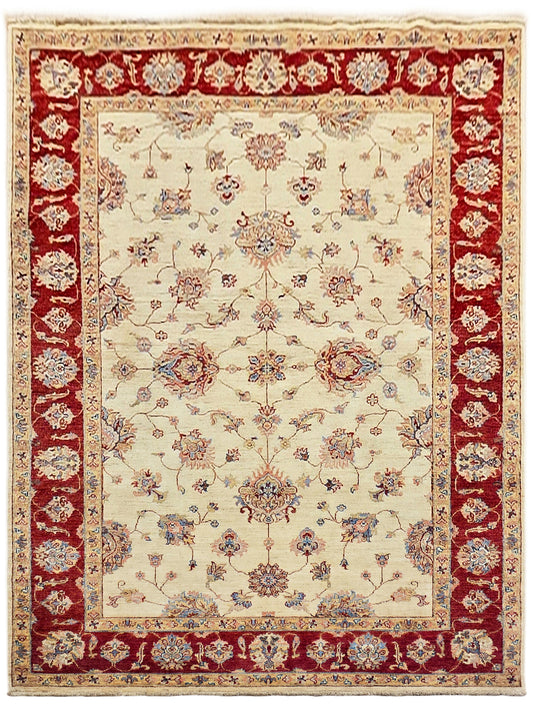 Traditional rug full view with cream center medallion and deep red ornate frame