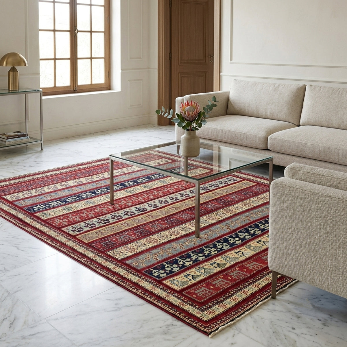 Rug 225x200 cm with red, cream, and navy geometric border pattern