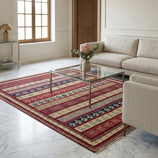 Rug 225x200 cm with red, cream, and navy geometric border pattern