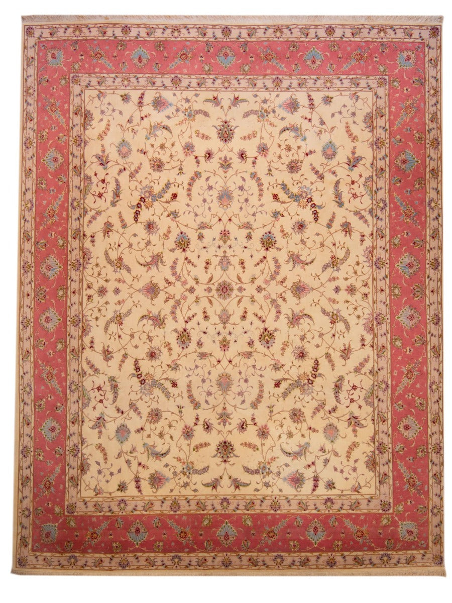 Red and cream Tabriz-style rug with floral medallion border, 367x290 cm