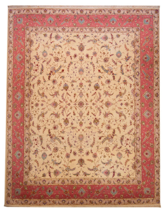Red and cream Tabriz-style rug with floral medallion border, 367x290 cm