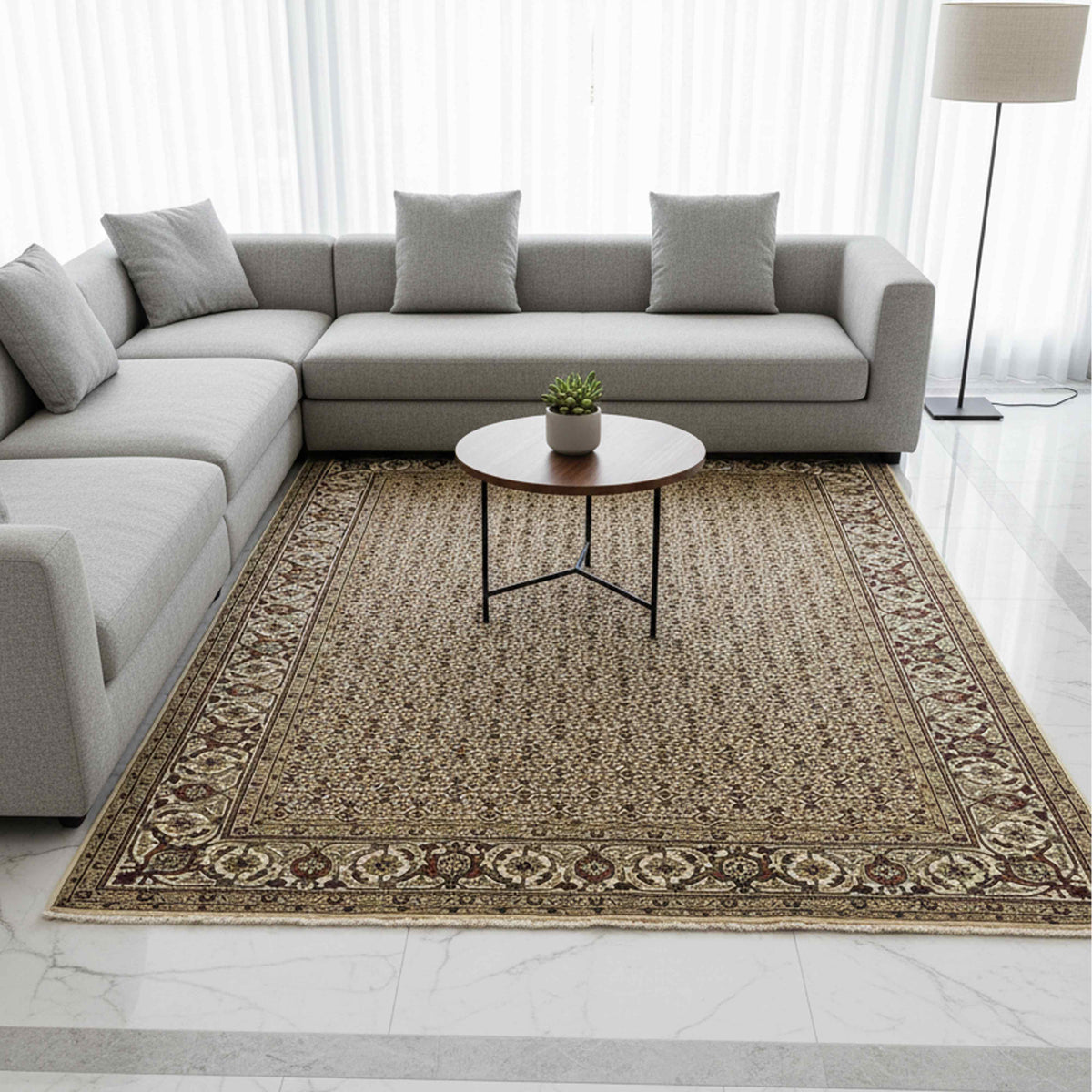 Beige Persian-style area rug with ornate border and dark geometric medallions