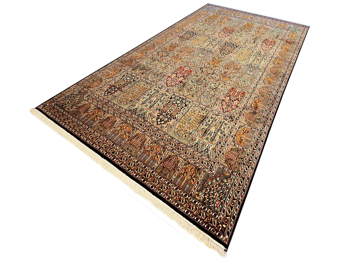 Multicolor ornamental rug with central medallion pattern and short fringed border.