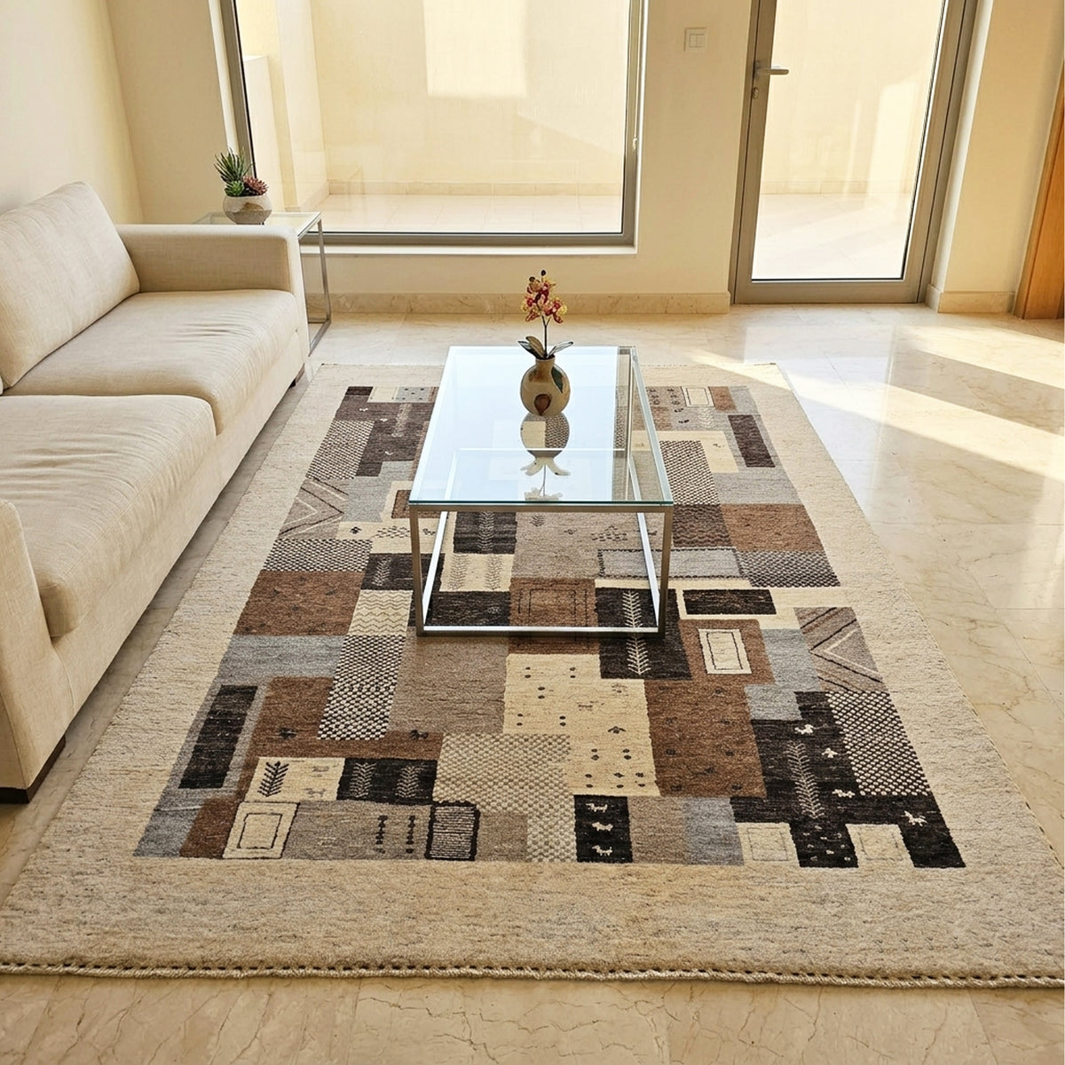 Large patchwork rug with beige field, brown, gray, and black geometric blocks
