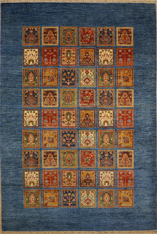 Blue and orange patchwork geometric area rug with repeating medallion squares